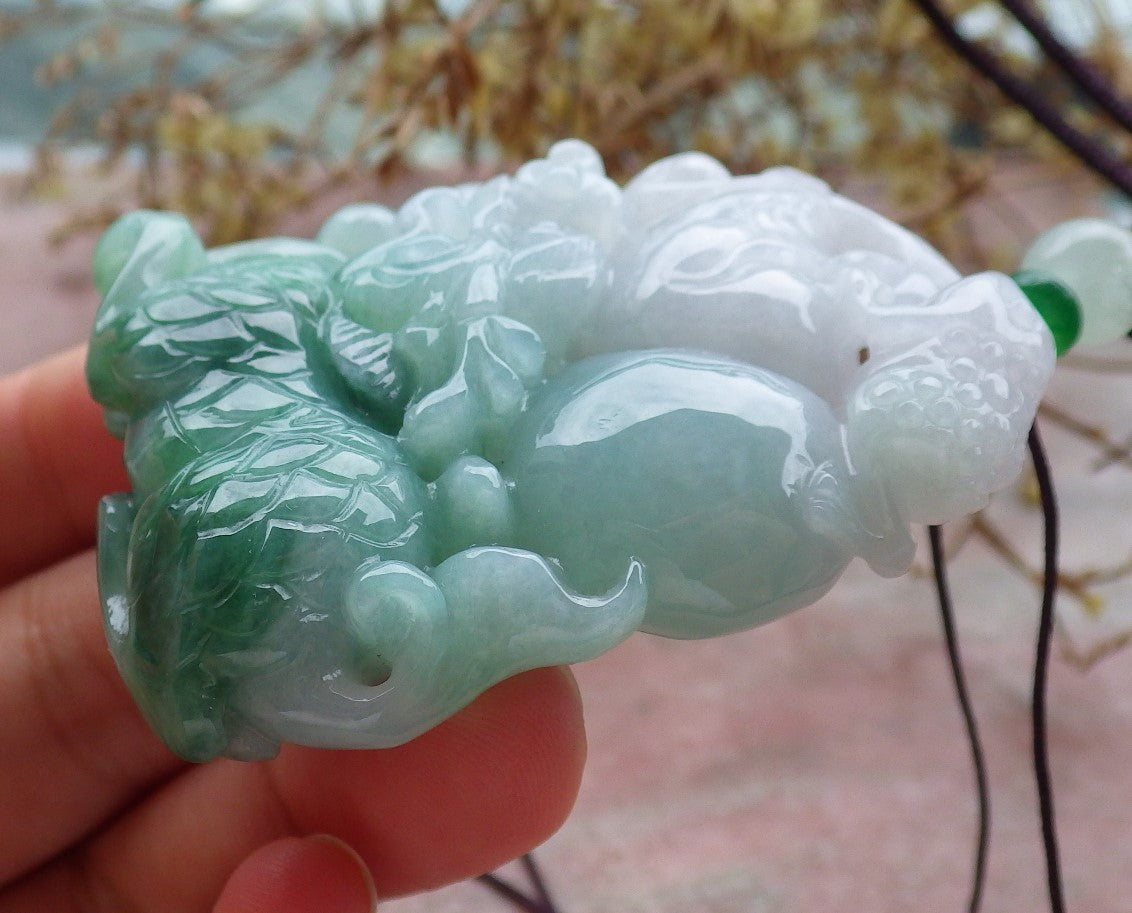 Certified Green Burma 100% Natural A Jade jadeite Pendant Dragon Kai Lun Frog Toad Gourd Necklace 630456 TN