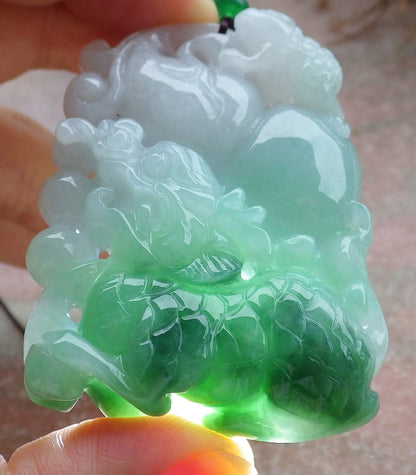 Certified Green Burma 100% Natural A Jade jadeite Pendant Dragon Kai Lun Frog Toad Gourd Necklace 630456 TN