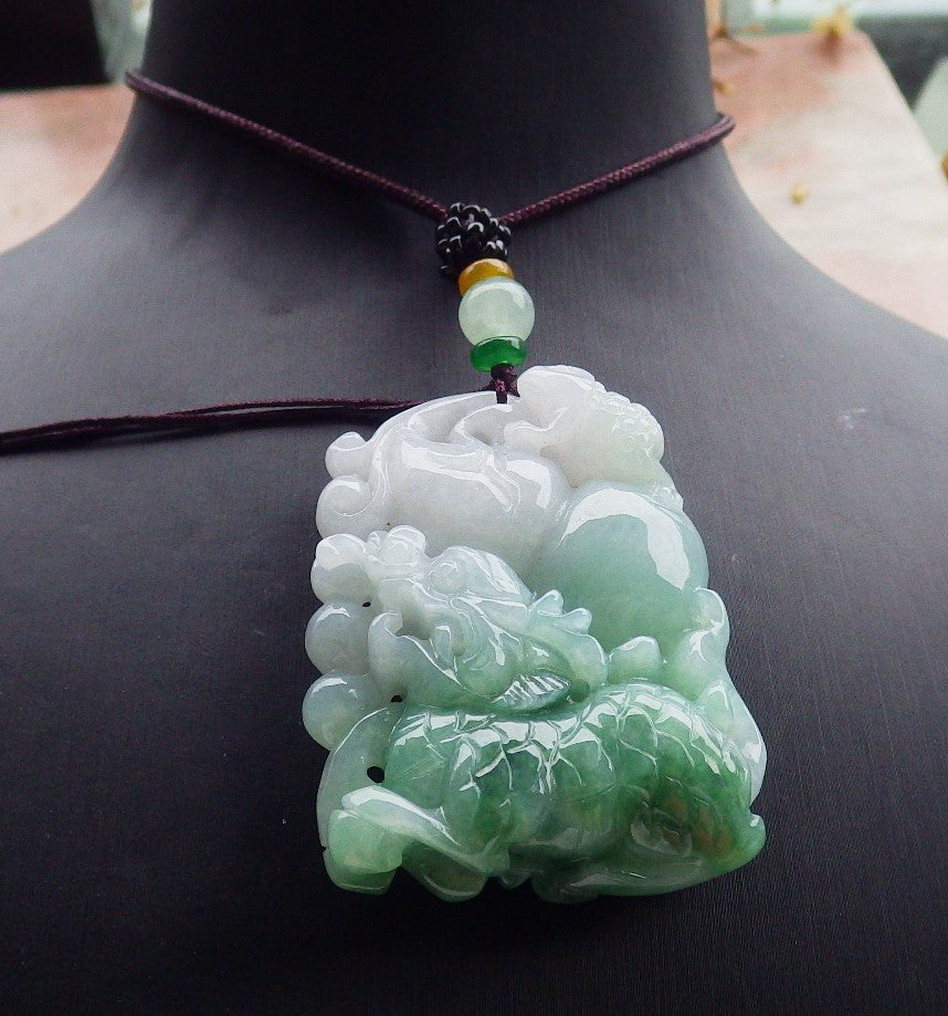 Certified Green Burma 100% Natural A Jade jadeite Pendant Dragon Kai Lun Frog Toad Gourd Necklace 630456 TN