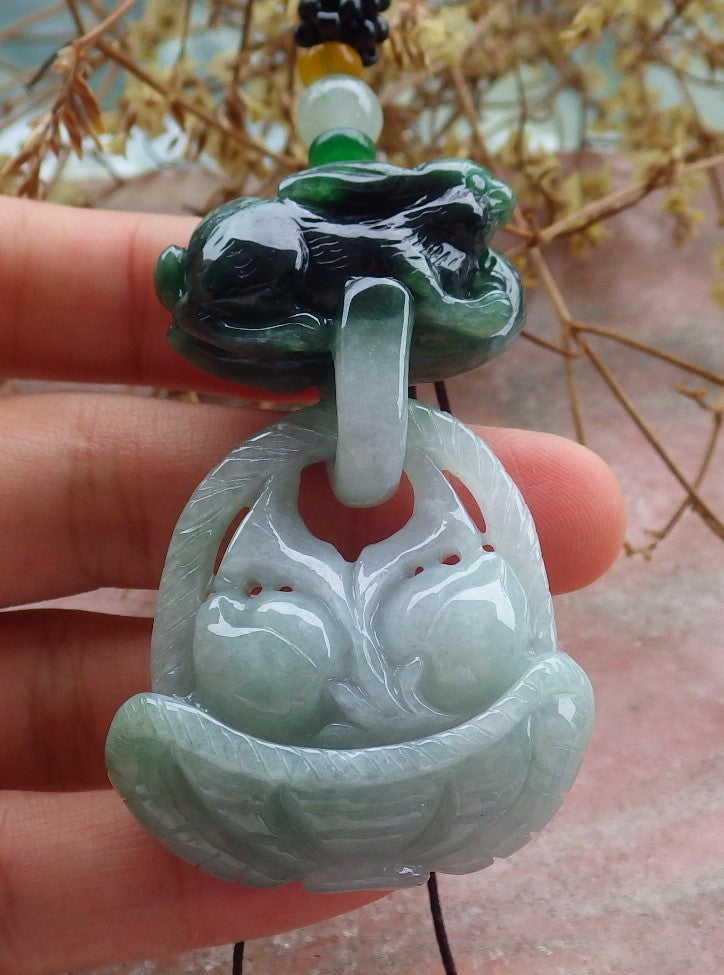 Certified Green Burma 100% Natural A Jade jadeite Pendant Rabbit Peach Necklace W Ring 兔子 630464 TN