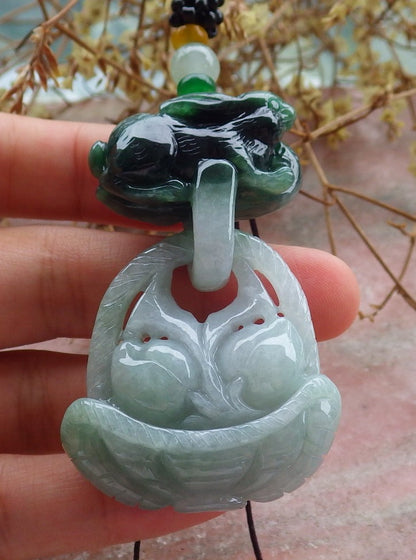 Certified Green Burma 100% Natural A Jade jadeite Pendant Rabbit Peach Necklace W Ring 兔子 630464 TN