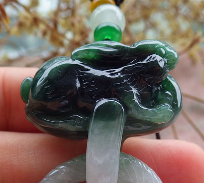 Certified Green Burma 100% Natural A Jade jadeite Pendant Rabbit Peach Necklace W Ring 兔子 630464 TN