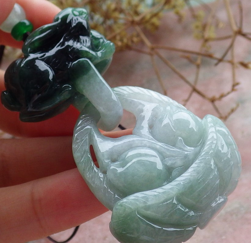 Certified Green Burma 100% Natural A Jade jadeite Pendant Rabbit Peach Necklace W Ring 兔子 630464 TN