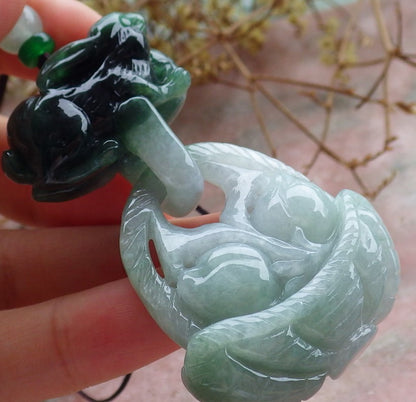 Certified Green Burma 100% Natural A Jade jadeite Pendant Rabbit Peach Necklace W Ring 兔子 630464 TN