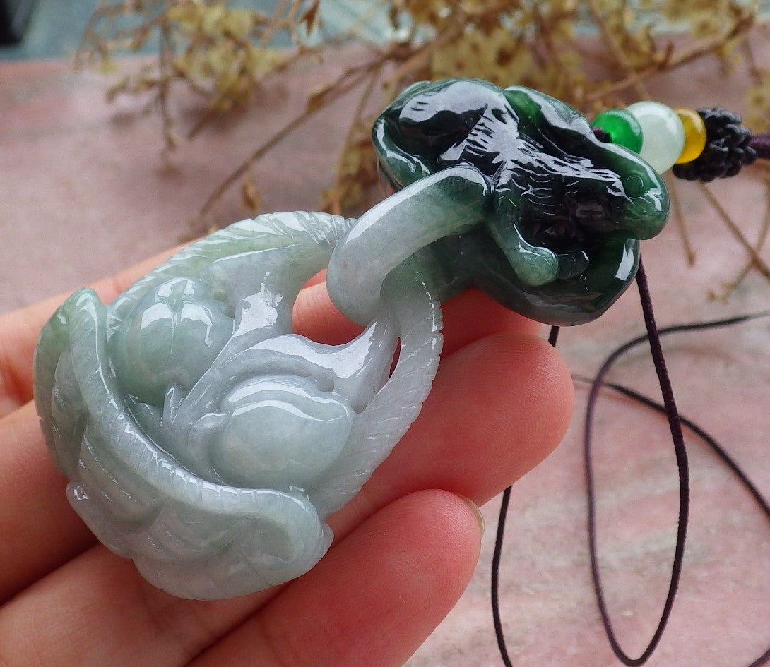 Certified Green Burma 100% Natural A Jade jadeite Pendant Rabbit Peach Necklace W Ring 兔子 630464 TN