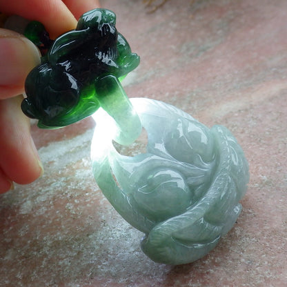 Certified Green Burma 100% Natural A Jade jadeite Pendant Rabbit Peach Necklace W Ring 兔子 630464 TN