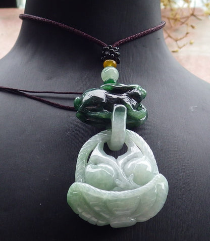 Certified Green Burma 100% Natural A Jade jadeite Pendant Rabbit Peach Necklace W Ring 兔子 630464 TN