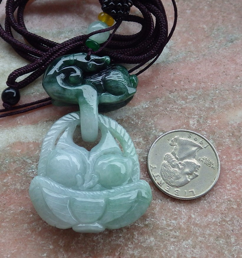 Certified Green Burma 100% Natural A Jade jadeite Pendant Rabbit Peach Necklace W Ring 兔子 630464 TN