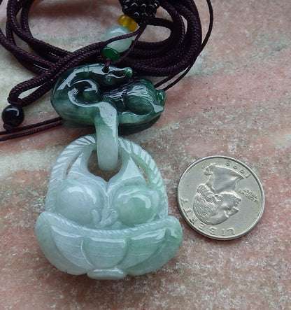 Certified Green Burma 100% Natural A Jade jadeite Pendant Rabbit Peach Necklace W Ring 兔子 630464 TN