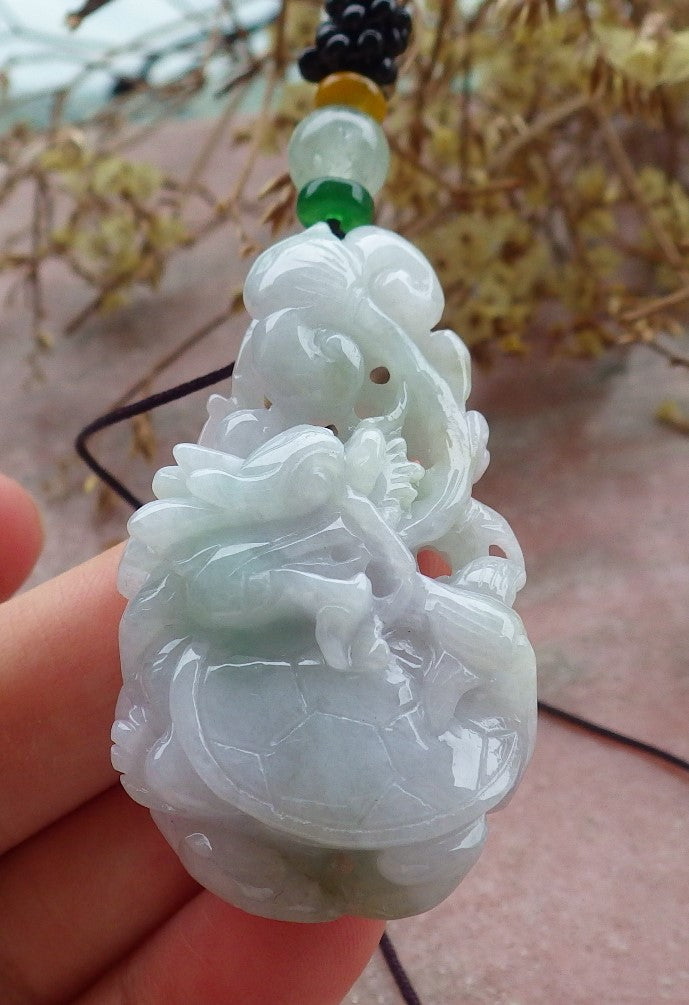 Certified Green Pale Lavender Burma 100% Natural A Jade jadeite Pendant Dragon Turtle Ruyi Coin Necklace 龙龟 630481 TN