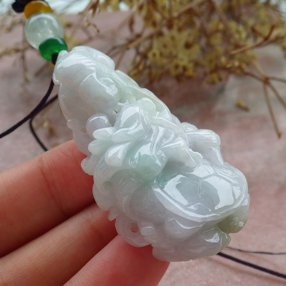 Certified Green Pale Lavender Burma 100% Natural A Jade jadeite Pendant Dragon Turtle Ruyi Coin Necklace 龙龟 630481 TN