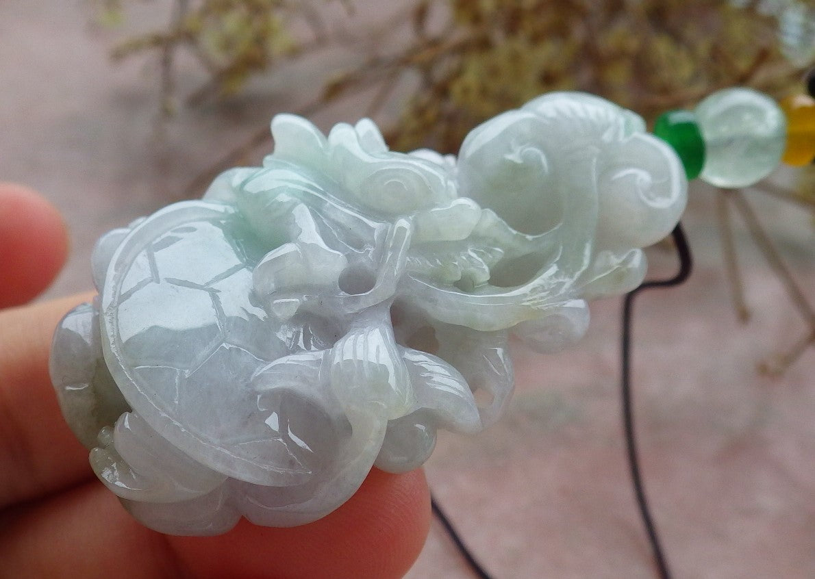 Certified Green Pale Lavender Burma 100% Natural A Jade jadeite Pendant Dragon Turtle Ruyi Coin Necklace 龙龟 630481 TN
