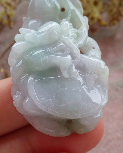 Certified Green Pale Lavender Burma 100% Natural A Jade jadeite Pendant Dragon Turtle Ruyi Coin Necklace 龙龟 630481 TN