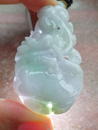 Certified Green Pale Lavender Burma 100% Natural A Jade jadeite Pendant Dragon Turtle Ruyi Coin Necklace 龙龟 630481 TN