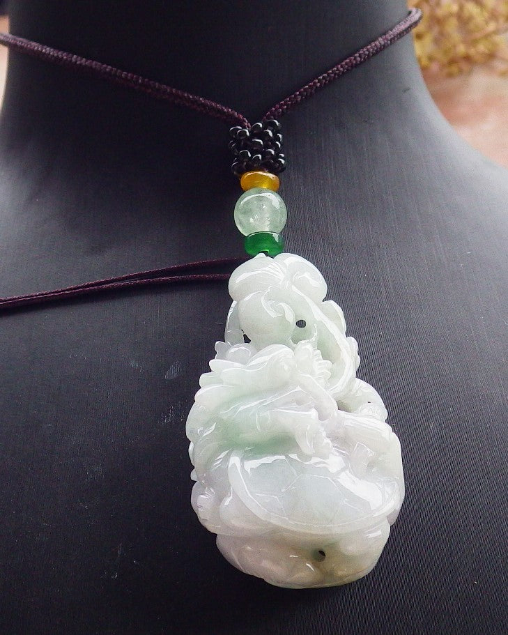 Certified Green Pale Lavender Burma 100% Natural A Jade jadeite Pendant Dragon Turtle Ruyi Coin Necklace 龙龟 630481 TN