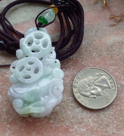 Certified Green Pale Lavender Burma 100% Natural A Jade jadeite Pendant Dragon Turtle Ruyi Coin Necklace 龙龟 630481 TN