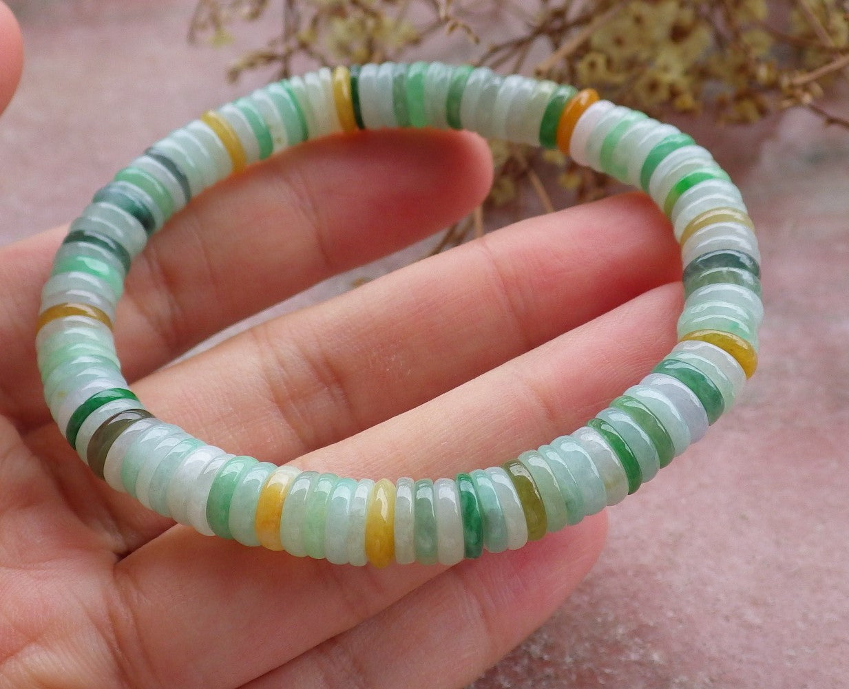 Certified Yellow Green Burma 100% Natural A JADE Jadeite Bead Beads Bangle Circle Bead Beads Bangle Bracelet 平安扣手链 630498 TN