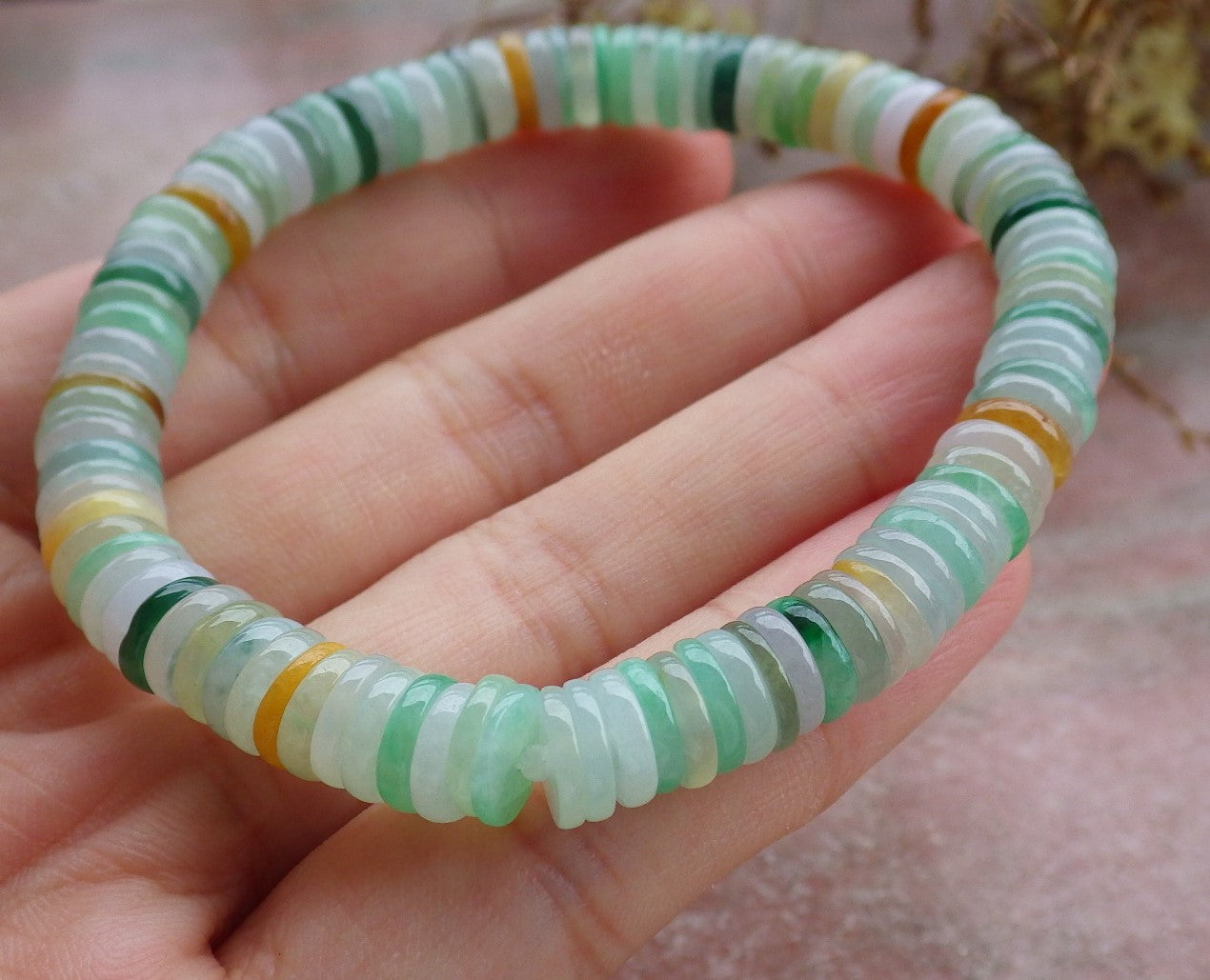 Certified Yellow Green Burma 100% Natural A JADE Jadeite Bead Beads Bangle Circle Bead Beads Bangle Bracelet 平安扣手链 630523 TN