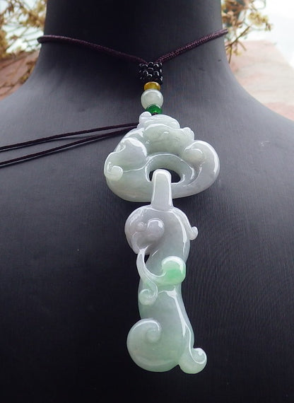 Certified Green Pale Lavender Burma 100% Natural A Jade jadeite Pendant Dragon Phoenix Coin Necklace W Ring 龙凤 630549 TN