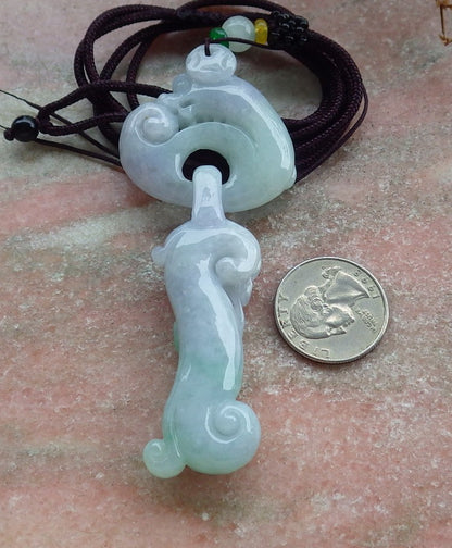 Certified Green Pale Lavender Burma 100% Natural A Jade jadeite Pendant Dragon Phoenix Coin Necklace W Ring 龙凤 630549 TN