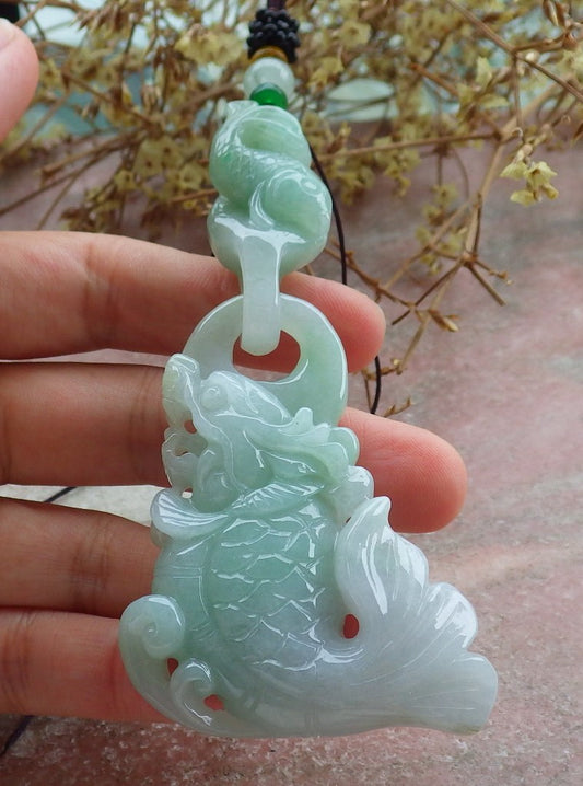 Certified Green Burma 100% Natural A Jade jadeite Pendant Dragon Fish Necklace W Ring 630557 TN