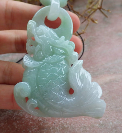 Certified Green Burma 100% Natural A Jade jadeite Pendant Dragon Fish Necklace W Ring 630557 TN