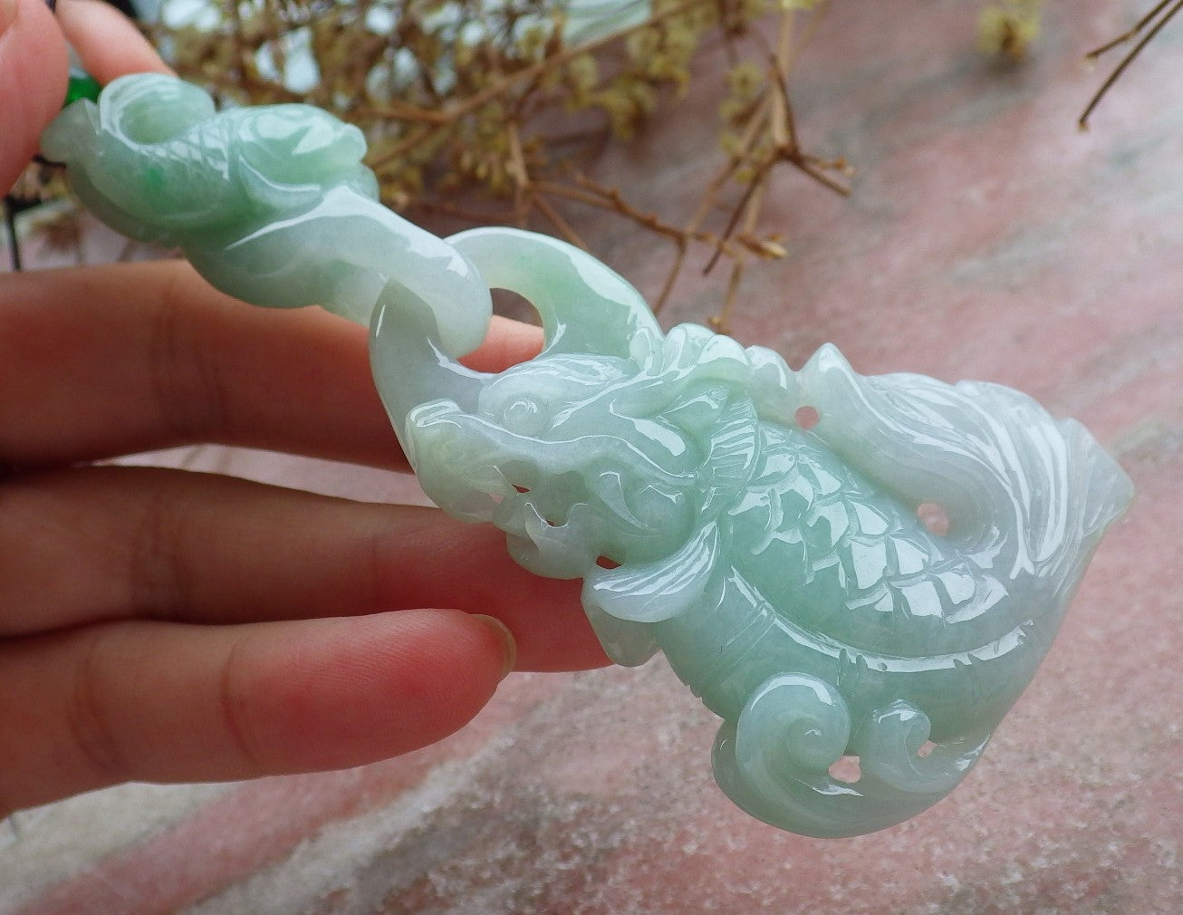 Certified Green Burma 100% Natural A Jade jadeite Pendant Dragon Fish Necklace W Ring 630557 TN