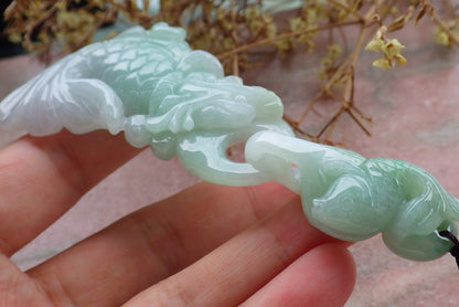 Certified Green Burma 100% Natural A Jade jadeite Pendant Dragon Fish Necklace W Ring 630557 TN