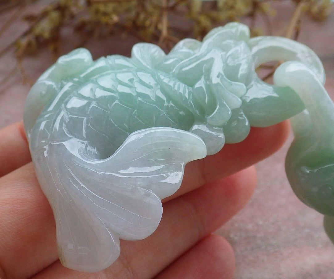 Certified Green Burma 100% Natural A Jade jadeite Pendant Dragon Fish Necklace W Ring 630557 TN