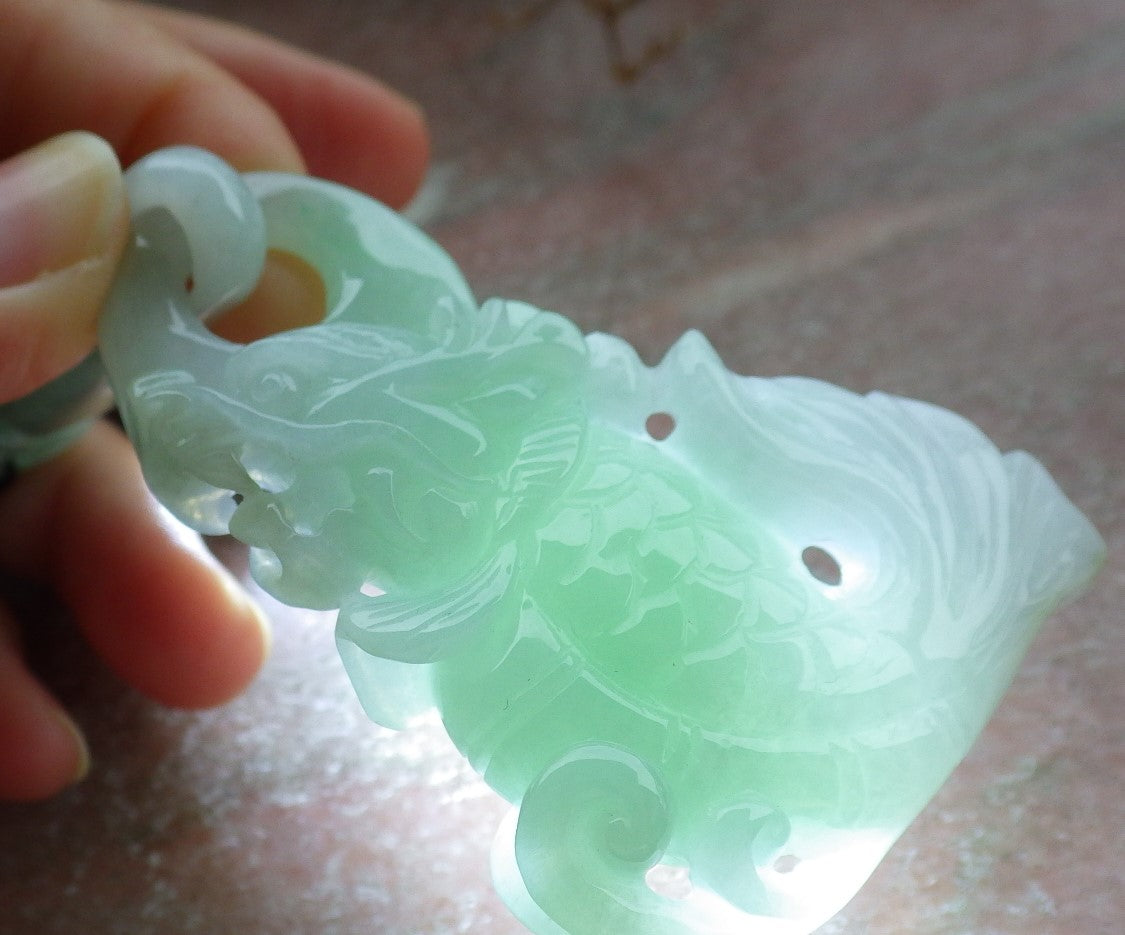 Certified Green Burma 100% Natural A Jade jadeite Pendant Dragon Fish Necklace W Ring 630557 TN