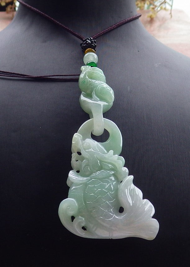 Certified Green Burma 100% Natural A Jade jadeite Pendant Dragon Fish Necklace W Ring 630557 TN