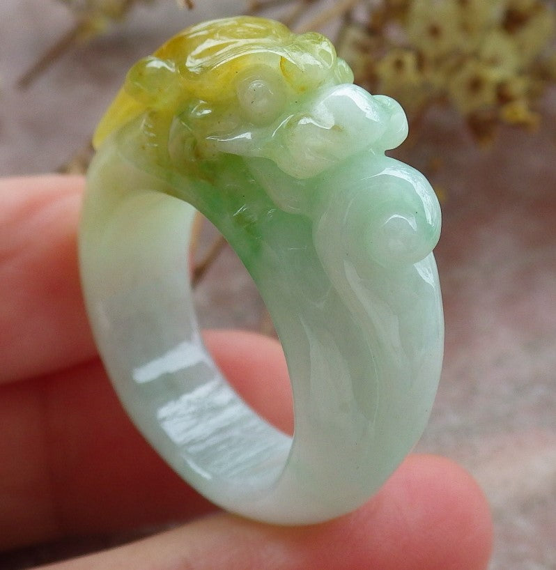 Certified Yellow Green Burma 100% Natural A JADE Jadeite Dragon RING USA. 11.25 龙戒指 630577 TN