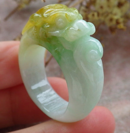 Certified Yellow Green Burma 100% Natural A JADE Jadeite Dragon RING USA. 11.25 龙戒指 630577 TN