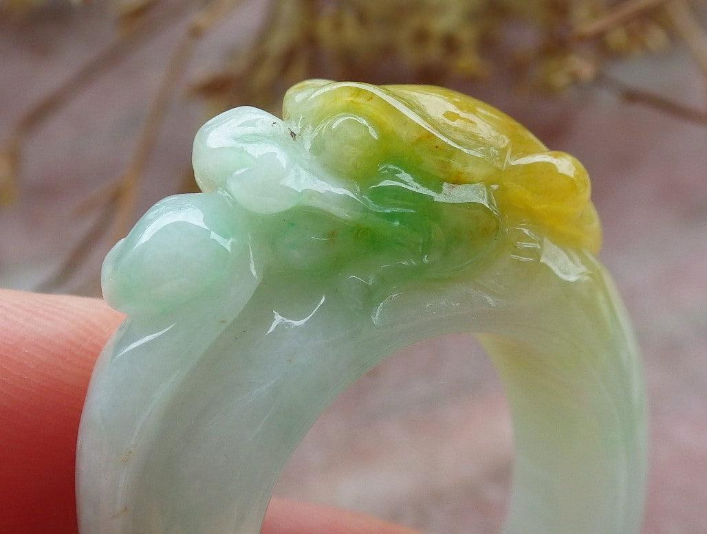 Certified Yellow Green Burma 100% Natural A JADE Jadeite Dragon RING USA. 11.25 龙戒指 630577 TN