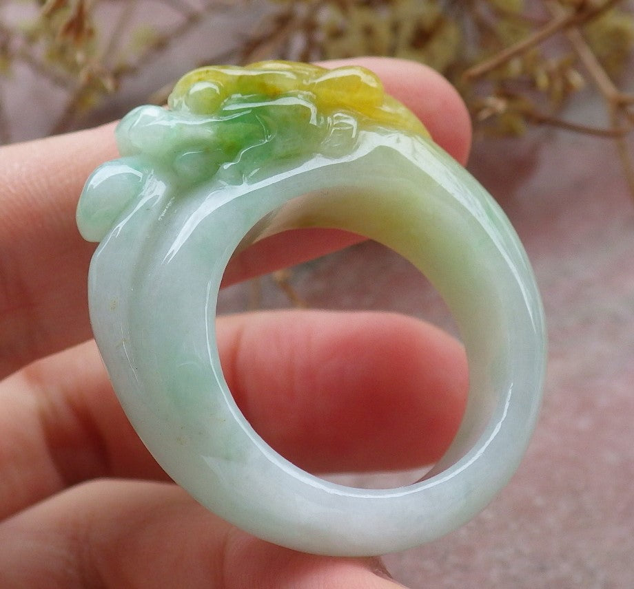 Certified Yellow Green Burma 100% Natural A JADE Jadeite Dragon RING USA. 11.25 龙戒指 630577 TN