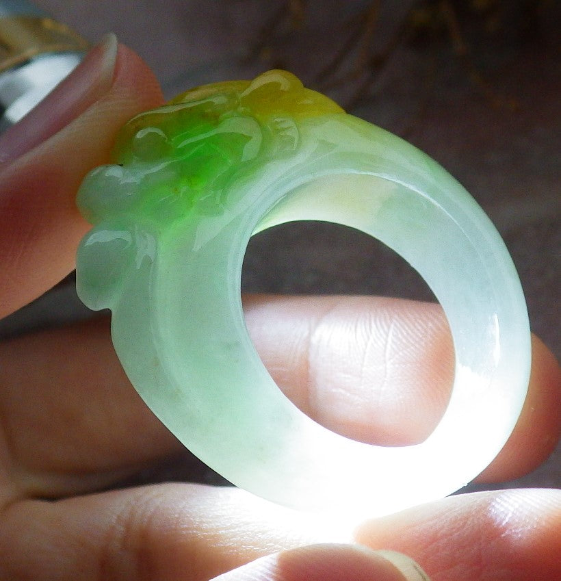 Certified Yellow Green Burma 100% Natural A JADE Jadeite Dragon RING USA. 11.25 龙戒指 630577 TN