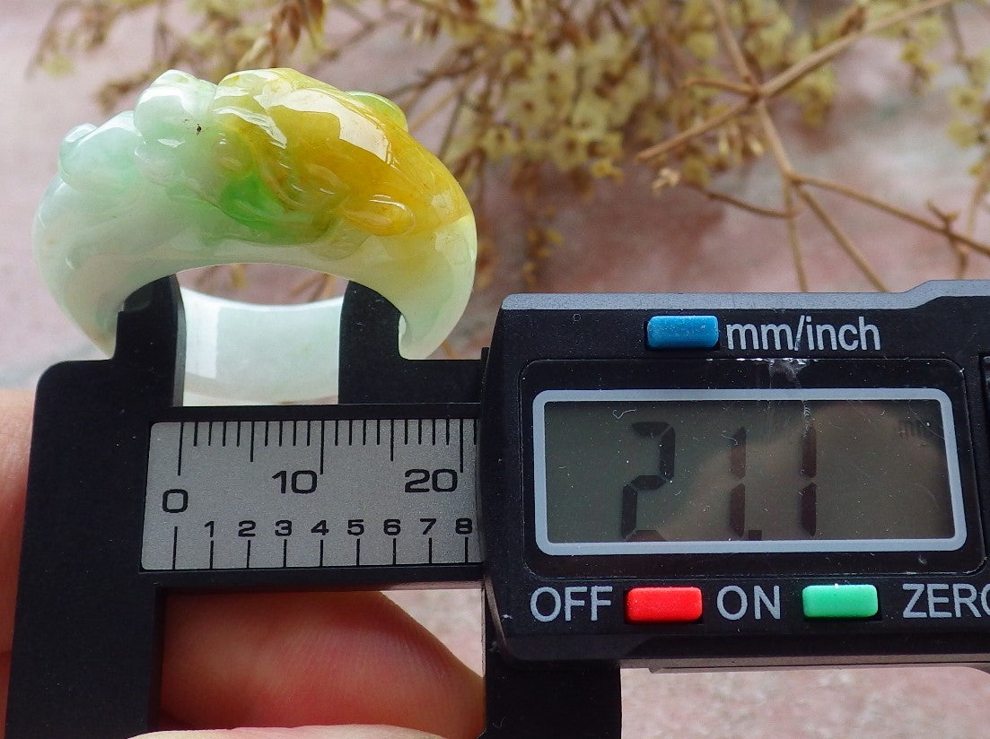 Certified Yellow Green Burma 100% Natural A JADE Jadeite Dragon RING USA. 11.25 龙戒指 630577 TN