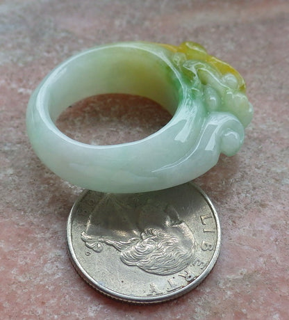Certified Yellow Green Burma 100% Natural A JADE Jadeite Dragon RING USA. 11.25 龙戒指 630577 TN