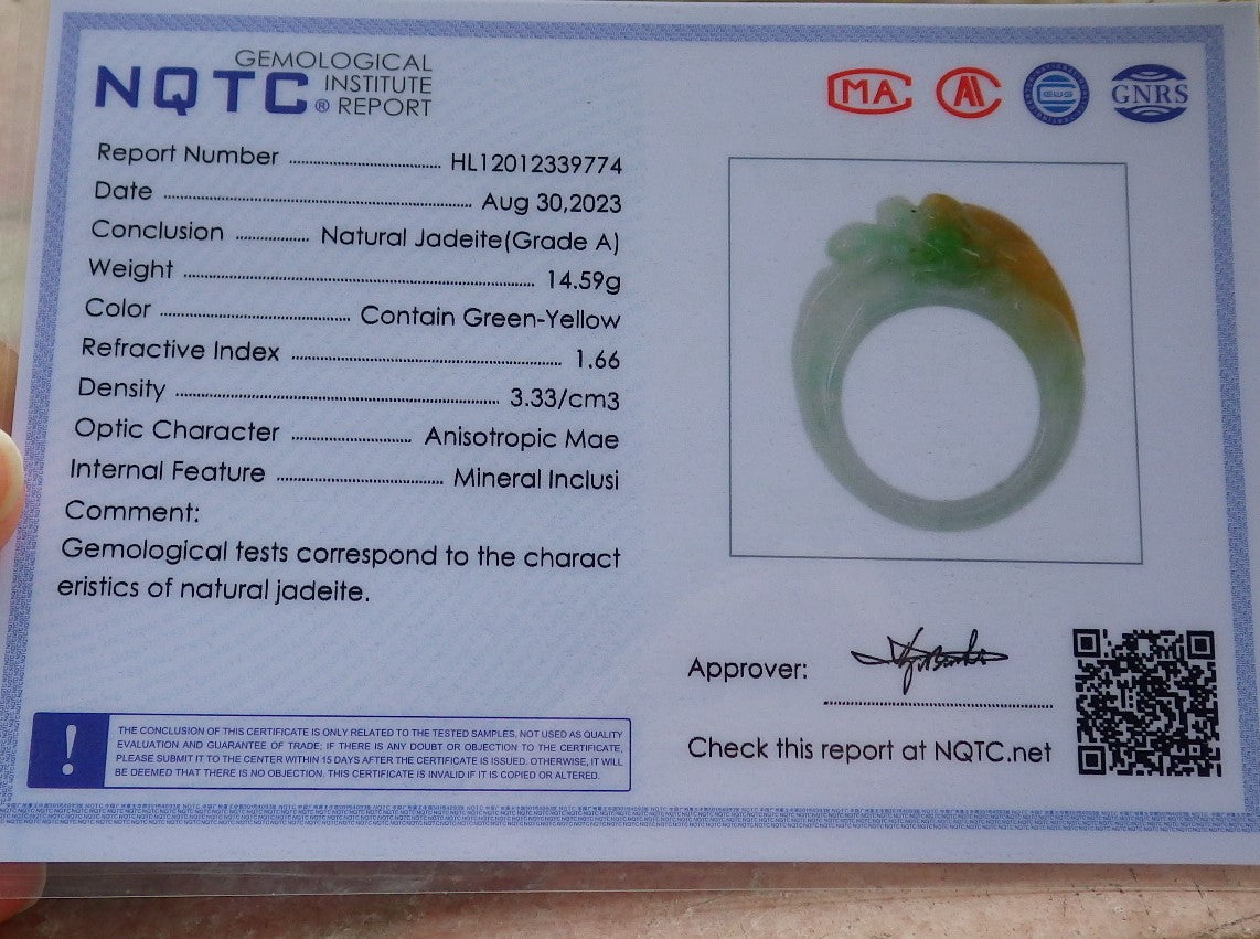 Certified Yellow Green Burma 100% Natural A JADE Jadeite Dragon RING USA. 11.25 龙戒指 630577 TN