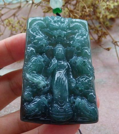 Certified Icy Green Burma 100% Natural A Jade jadeite Pendant Shakyamuni Buddha God 9 Dragon Necklace 释迦牟尼 630742 TN