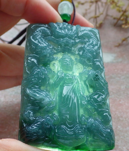 Certified Icy Green Burma 100% Natural A Jade jadeite Pendant Shakyamuni Buddha God 9 Dragon Necklace 释迦牟尼 630742 TN