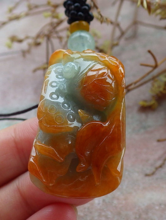 Certified Red Green Burma 100% Natural A Jade jadeite pendant Gold Fish Lotus Flower Necklace 金玉满堂 630758 TN