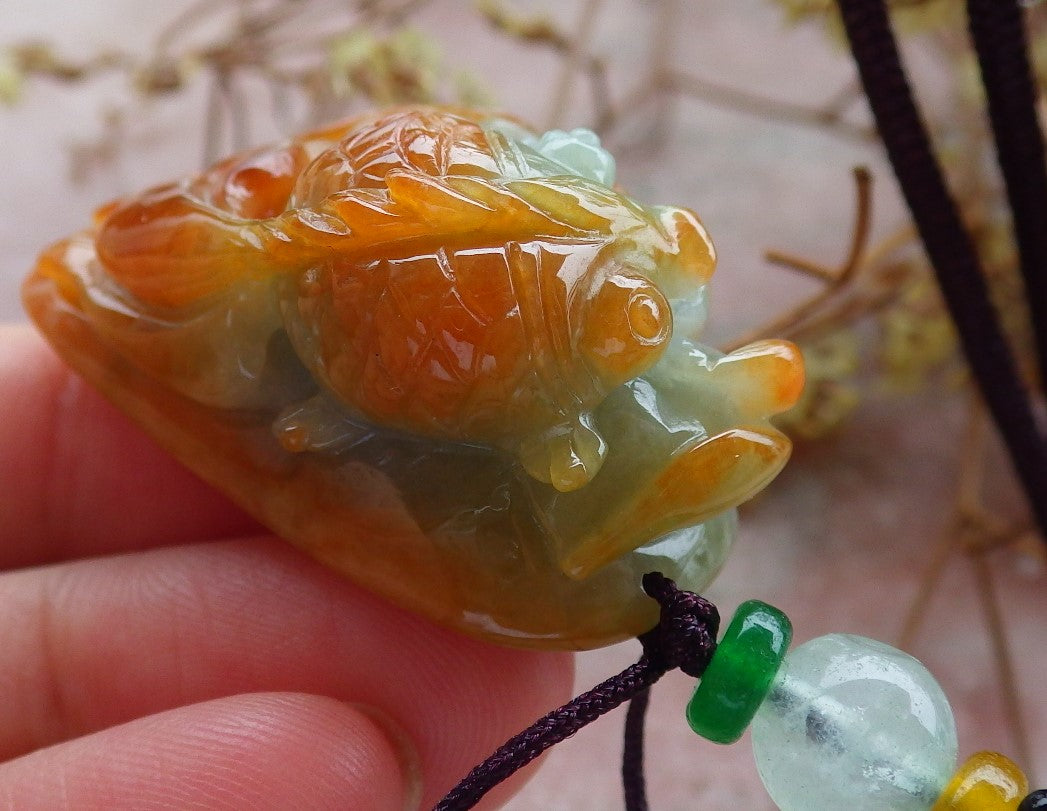 Certified Red Green Burma 100% Natural A Jade jadeite pendant Gold Fish Lotus Flower Necklace 金玉满堂 630758 TN