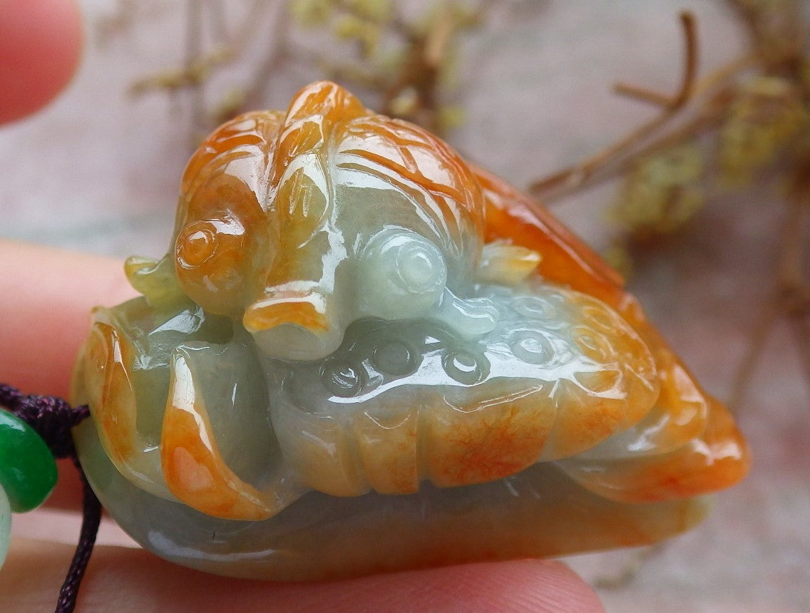 Certified Red Green Burma 100% Natural A Jade jadeite pendant Gold Fish Lotus Flower Necklace 金玉满堂 630758 TN