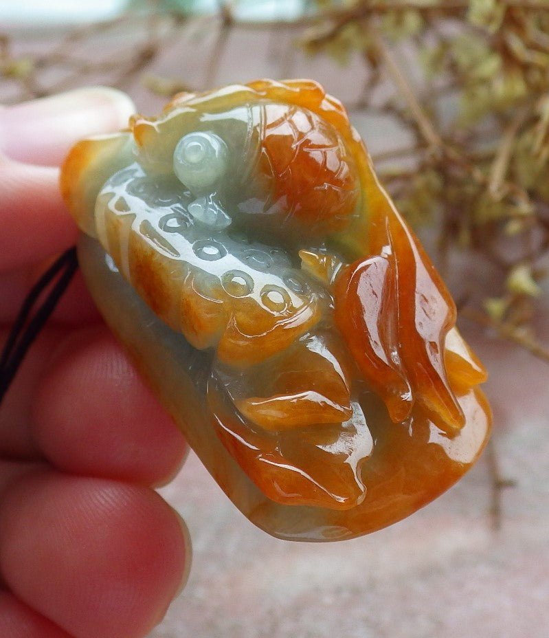 Certified Red Green Burma 100% Natural A Jade jadeite pendant Gold Fish Lotus Flower Necklace 金玉满堂 630758 TN