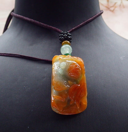 Certified Red Green Burma 100% Natural A Jade jadeite pendant Gold Fish Lotus Flower Necklace 金玉满堂 630758 TN