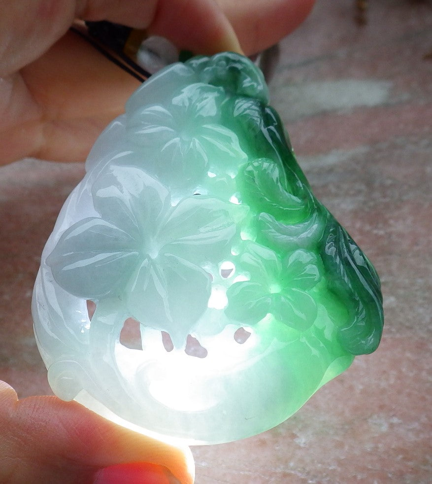 Certified Green Burma 100% Natural A Jade jadeite Pendant Phoenix Flower Ruyi Necklace 凤凰 630767 TN