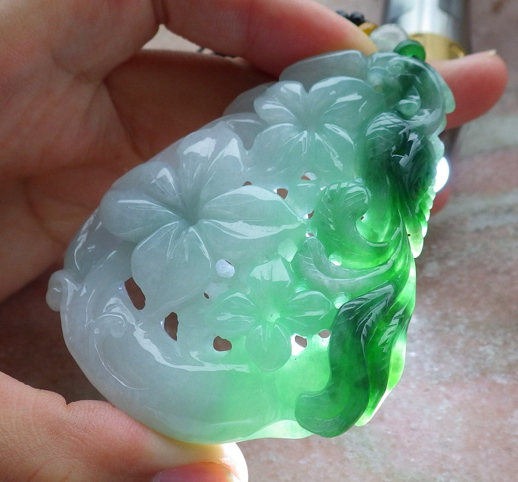 Certified Green Burma 100% Natural A Jade jadeite Pendant Phoenix Flower Ruyi Necklace 凤凰 630767 TN