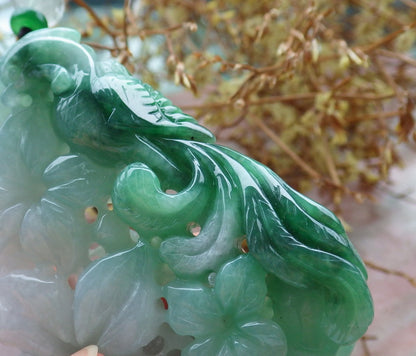 Certified Green Burma 100% Natural A Jade jadeite Pendant Phoenix Flower Ruyi Necklace 凤凰 630767 TN
