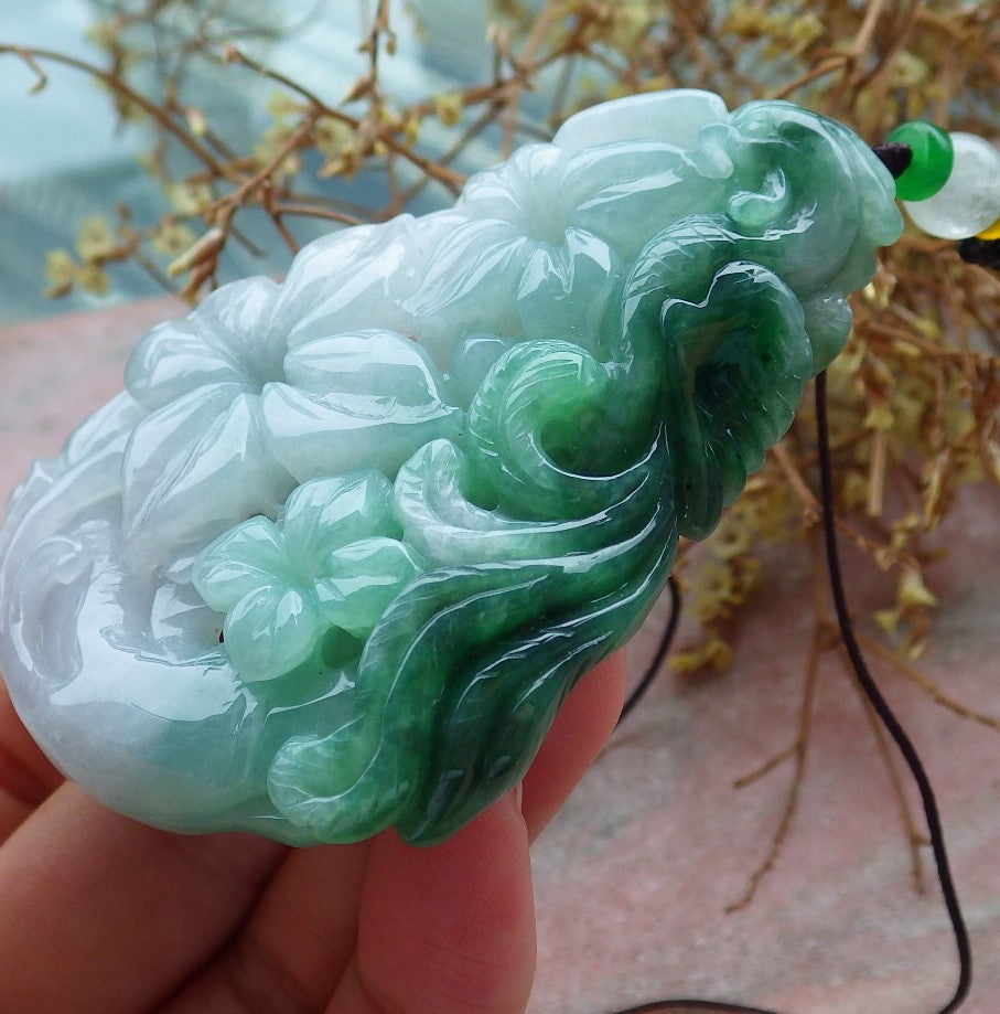 Certified Green Burma 100% Natural A Jade jadeite Pendant Phoenix Flower Ruyi Necklace 凤凰 630767 TN